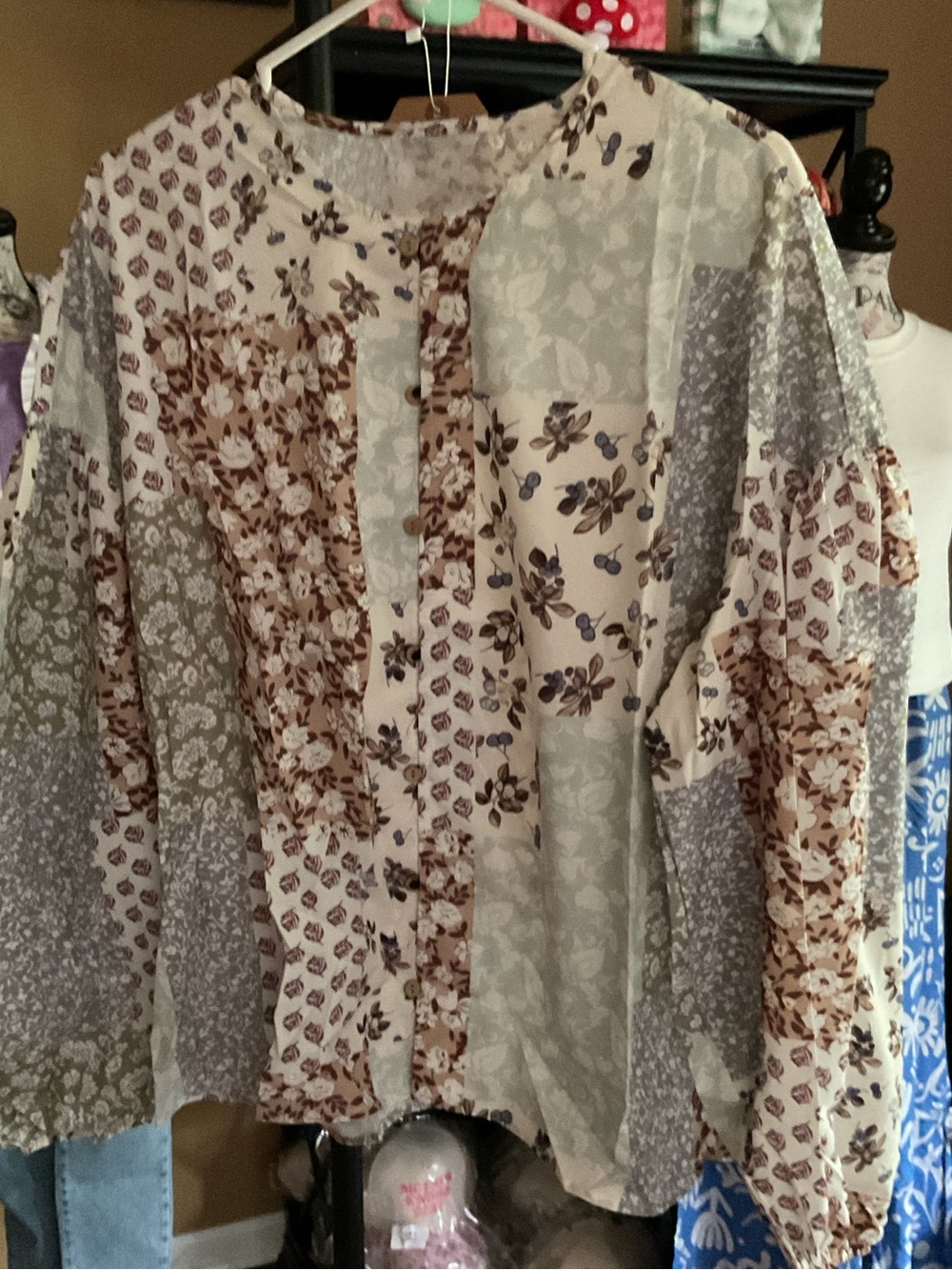 Patchwork Floral Long-Sleeve Blouse in Cream and Brown